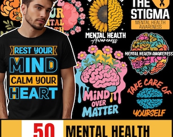 Pakiet projektów koszulek z myślą o świadomości zdrowia psychicznego: 50 plików PNG i SVG (do pobrania w wersji cyfrowej)