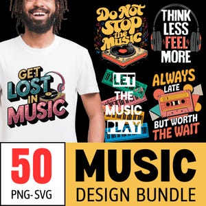 Music Lover Design Bundle - 50 PNG and SVG Files | Music Lover Shirts | Music Quotes SVG | Hip Hop T-Shirt Design | Music Notes | Rapper png