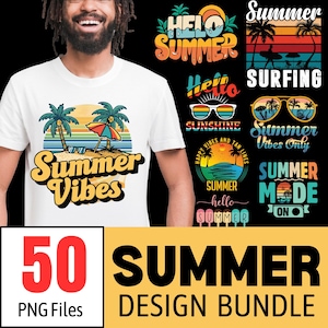Puede incluir: Un conjunto de 50 diseños gráficos de temática veraniega con ilustraciones y texto coloridos. Los diseños incluyen frases como "Summer Vibes", "Hello Summer", "Summer Mode" y "Summer Surfing".