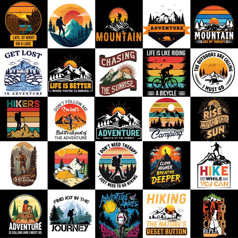 Another showcase of 25 adventure PNG designs, perfect for T-shirts, hoodies, and travel-inspired apparel."
