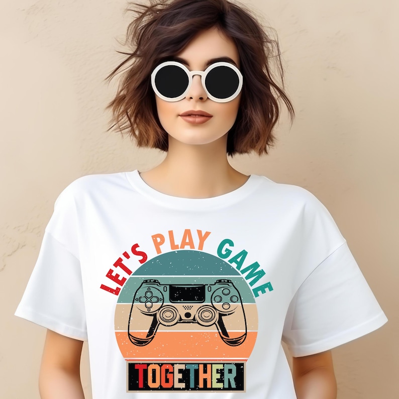 Female model showcasing a gaming T-shirt with a retro themed bold and trendy design, ideal for video game lovers and casual wear.