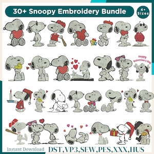 May include: A collection of Snoopy embroidery designs. The image features various Snoopy illustrations in different poses, some holding hearts or wearing hats. The text at the top reads "30+ Snoopy Embroidery Bundle" and "4+ Sizes". The bottom text says "Instant Download".