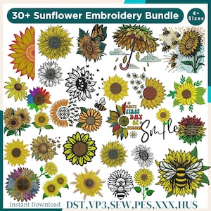 Könnte beinhalten: Eine Sammlung von Sonnenblumen-Stickmustern in verschiedenen Stilen, darunter detaillierte Blumenmuster, Bienen und Schmetterlinge. Das Bild enthält den Text "30+ Sunflower Embroidery Bundle" und "Instant Download".