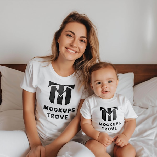 Adorable Mother and Baby White T-shirt Mockup, Bella Canvas 3001T, Bedroom Mockup, Family T-shirt Mockup, BC 3001 mockup, Baby Onsie Mockup