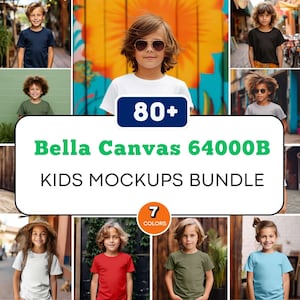 May include: A collage of images showcasing a variety of kids' t-shirt mockups. The mockups feature different colors and styles of t-shirts, with a focus on showcasing the design space. The text "Bella Canvas 64000B KIDS MOCKUPS BUNDLE" is displayed prominently in the center of the collage. The text "80+" is displayed in a blue circle in the upper center of the collage. The text "7 COLORS" is displayed in a yellow circle in the lower center of the collage.
