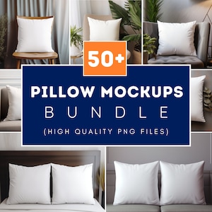 Könnte beinhalten: Eine Collage aus Bildern, die über 50 Kissen-Mockups in verschiedenen Umgebungen zeigen. Der Text "Pillow Mockups Bundle (High Quality PNG Files)" wird in einem blauen Kasten angezeigt.