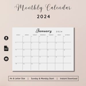 Printable Calendar 2024 , Monthly Planner 2024 , A4 and US Letter,  Landscape , Monday & Sunday Start , Digital PDF, Minimalist , Download
