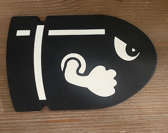 Bullet Bill Wooden Wall Decor – Mario-Inspired Gamer Room Art | Hand-Painted Video Game Wall Hanging