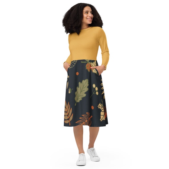 Fall leaves long sleeve midi dress