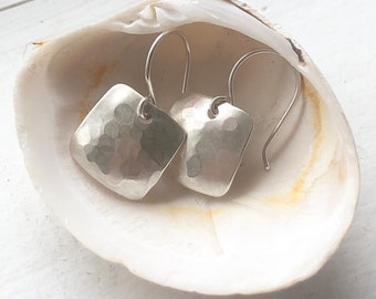 Hammered Pure Silver Square Earrings: Minimalist with Argentium Silver Hooks, Handmade