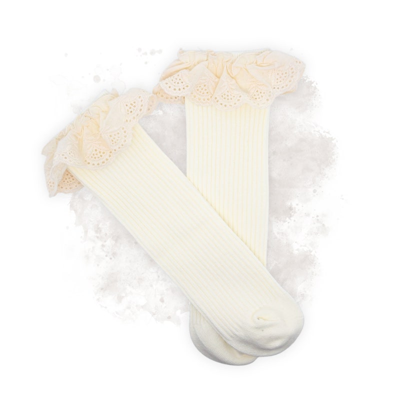 Ribbed socks with lace for baby and toddler, ruffle socks, knee-length stockings for girls made of cotton in vintage style Creme