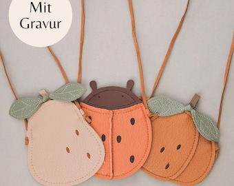 Personalisierbare Umhängetasche: Marienkäfer, Birne und Kürbis, Kindertaschen, Mädchentasche, Geldbörse für Mädchen, Kindergeldbörse