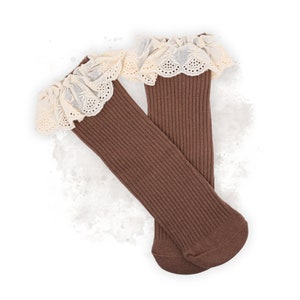 Ribbed socks with lace for baby and toddler, ruffle socks, knee-length stockings for girls made of cotton in vintage style Brown