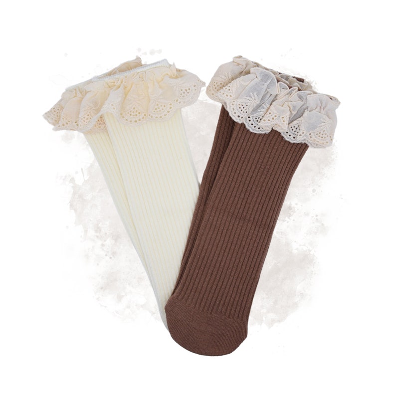 Ribbed socks with lace for baby and toddler, ruffle socks, knee-length stockings for girls made of cotton in vintage style Creme + Braun