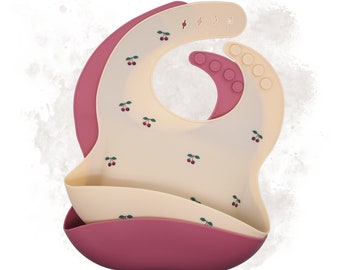 Set of 2 soft “Cherry” silicone bibs with collection pocket for babies and toddlers, waterproof, one size, BPA free