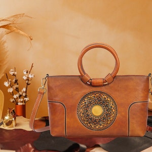 Leren draagtas voor dames/casual leren handtas met reliëf en crossbody riem/leren tas met ringhandvatten