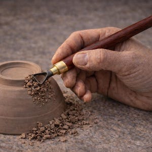 K&ouml;nnte beinhalten: Eine Tonschale wird mit einem Schleifwerkzeug beschnitten. Die Schale hat eine hellbraune Farbe, und das Werkzeug hat einen Holzgriff mit Messingakzenten. Die Schale ist von kleinen Tonst&uuml;cken umgeben.