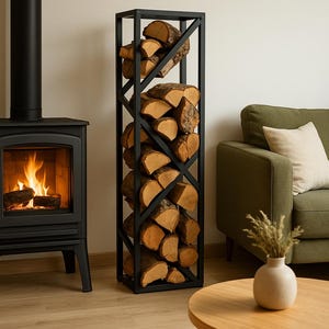 May include: A black metal log store filled with stacked logs. The rack has a geometric design and is positioned next to a fireplace with a burning fire. A green sofa and wooden table are also in the room.