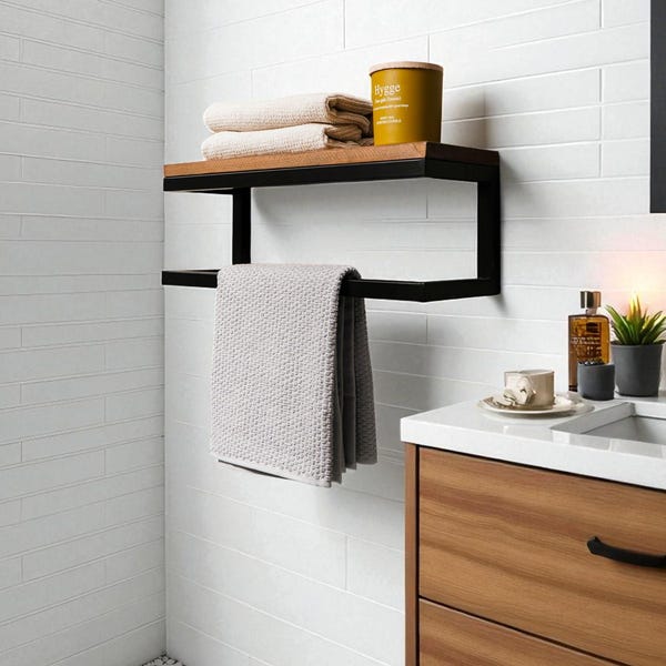 Metal & Wood Wall Mounted Towel Holder with Shelf