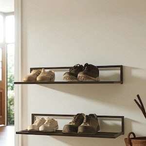 2 Tier Modern Wall Mounted Metal Shoe Rack , Entryway Organizer for Small Spaces, Housewarming Gift