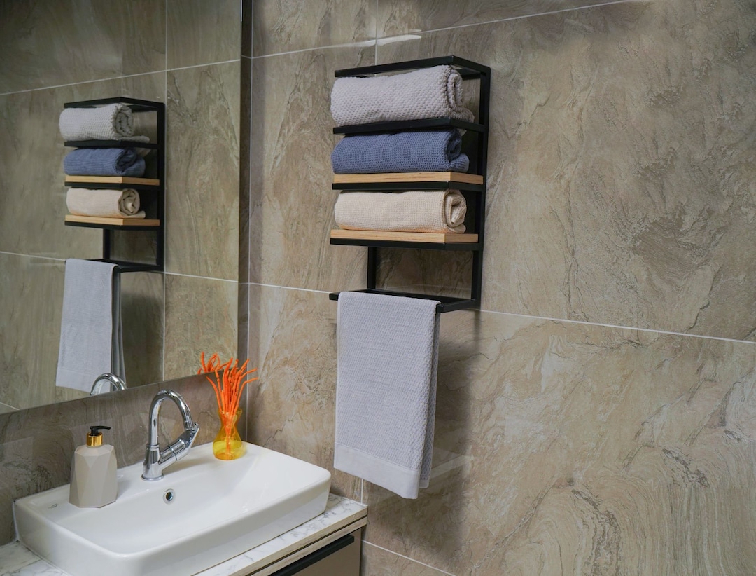 Metal Multiple Towel Holder, Bathroom Organizer With Wooden Shelf, Wall Mounted Towel and ...
