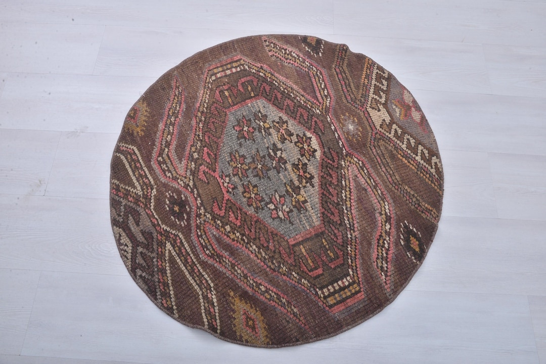 Handmade Oushak Wool Rug: Round Turkish Bath Mat (3x3 Ft) - Etsy