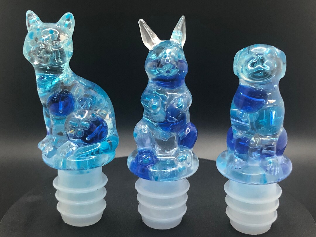 handmade-resin-blue-bead-filled-rabbit-cat-dog-wine-stoppers-unique