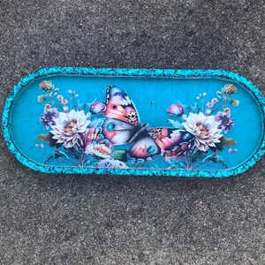 12x5 Teal Flower & Butterfly Decorative Tray, Unique Floral Tray With Butterfly, Long Oval Tray For Keys/Wallet/Jewelry/More, Tray Under 35