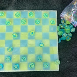 Yellow & Blue Glow In The Dark Checker Board Game, Unique Handmade Resin Glow In The Dark Checkers Game, Gift For Board Game Lovers Under 50