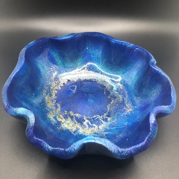 Handmade Resin Blue & Gold Trinket Bowl, Small Blue/Gold Jewelry Bowl, Unique Housewarming Gifts Under 20, Unique Bowl For Keys Under 20