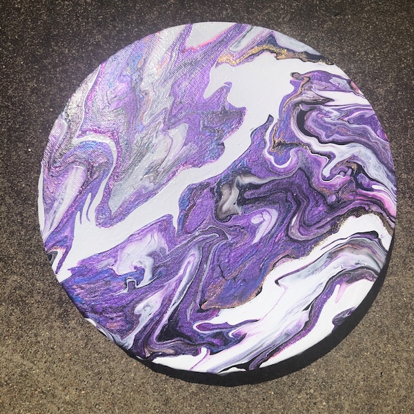 Purple Marble Acrylic Pour Painting, Small Round Purple/White/Black/Gold/Pink Fluid Pour Painting, Unique Painting Under 25, 8 Inch Painting