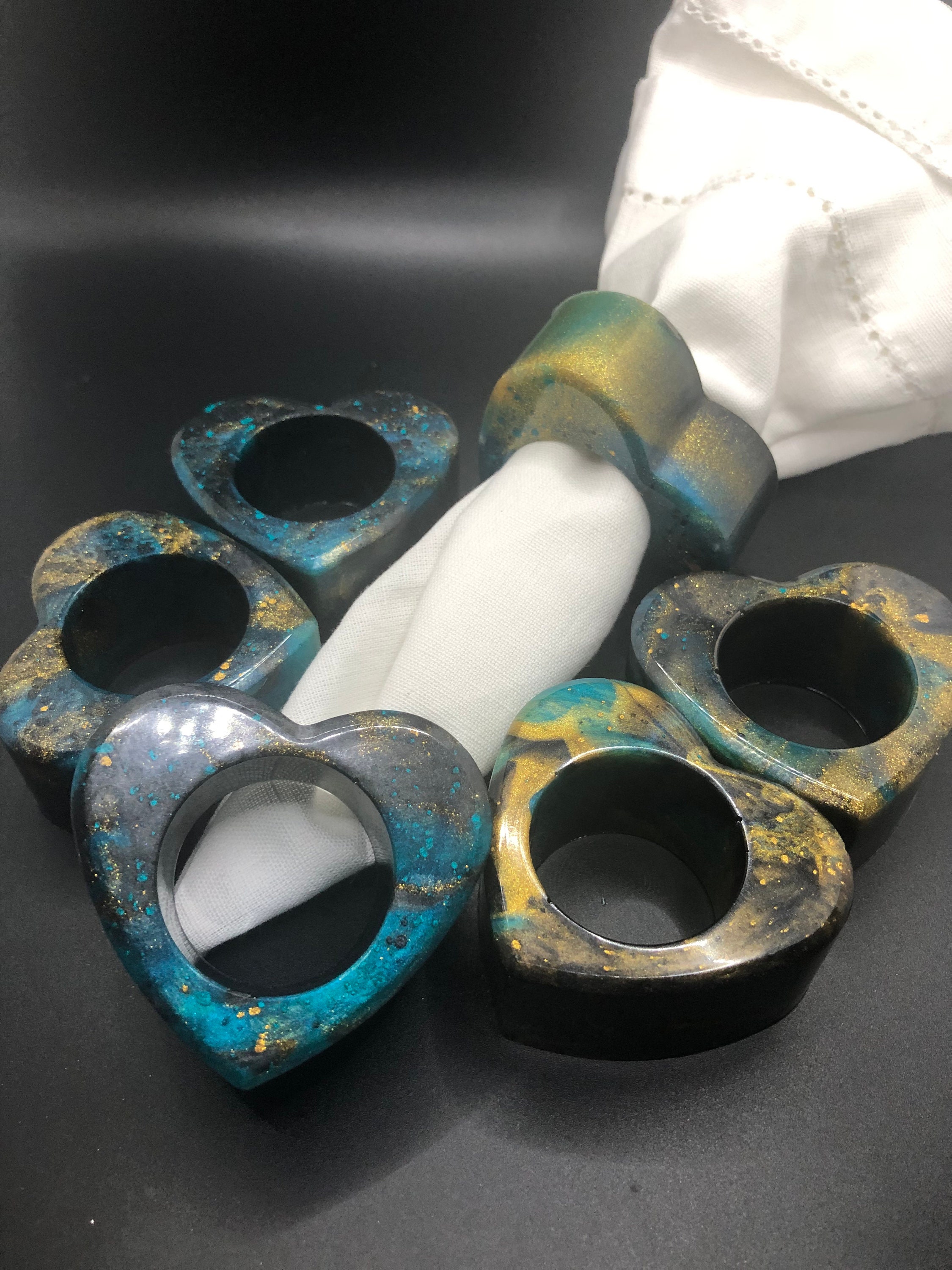 Set of 6 Handmade Resin Teal/Black/Gold Heart Napkin Rings, Unique Kitchen Collection, One Of A Kind Napkin Rings, Teal Kitchen Collection
