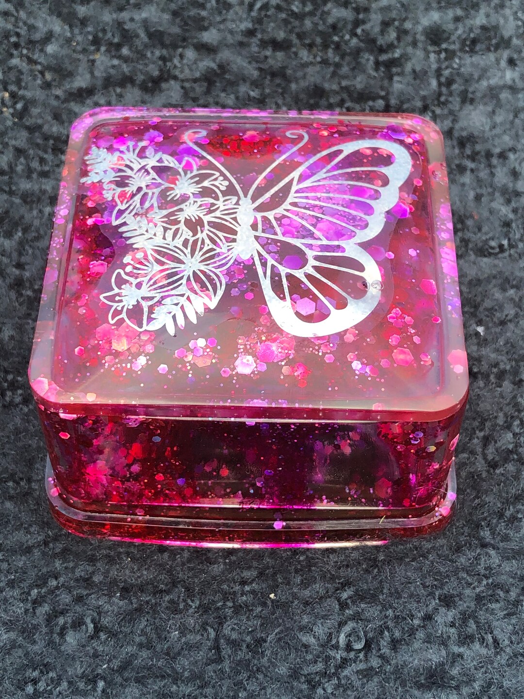 Pink & Red Butterfly Trinket Box, Square Butterfly Jewelry Box With Lid