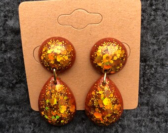 Pair of Golden Dangle Earrings, Gold Holographic 2 Piece Dangle Earrings, Golden Teardrop Dangle Stud Earrings, Unique Earrings