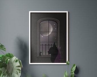 Chat au clair de lune - Affiches avec cadre en bois | Cadeau d'amant de chat | Chat noir | Rat | clair de lune | Affiche chat | Décoration murale moderne | Art moderne