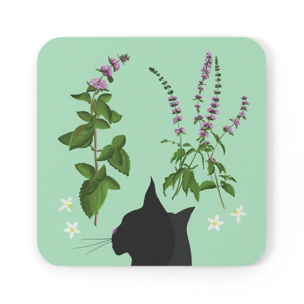 Cork Back Coaster - Cat smelling MINT | Cat lover gift | Black cat | Herbs and cat | Cat in kitchen | Cat Coaster | Tea coaster