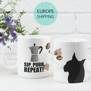 White Funny Mug | White Accent Black Cat Tea Mug | Graphic Humour Sip, Purr, Repeat! Coffee Mug | Cat and Bialetti Moka 11oz | Europe Ship.