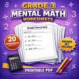 Schede di calcolo mentale di terza elementare / Esercizio di 20 giorni / Matematica mentale stampabile / Chiave delle risposte inclusa