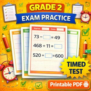 Hojas de práctica para exámenes de matemáticas de 2.º grado / Suma y resta / Problemas de palabras / Prueba cronometrada / PDF imprimible