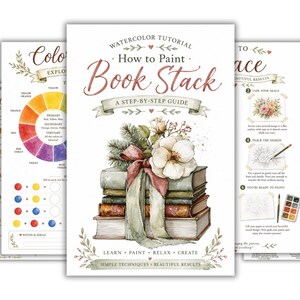 May include: A watercolor tutorial guide titled How to Paint Book Stack, featuring a stack of books topped with a large white flower and a ribbon. The set includes additional pages showing a color wheel, color mixing charts, and step-by-step tracing instructions.