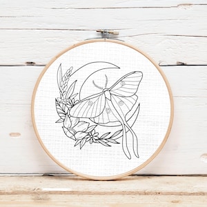 Luna Moth, Embroidery Pattern, Moon and Moth Embroidery Pattern, Graduation Gift, birthday, DIY Hoop Art, Embroidery Pattern for Beginners,