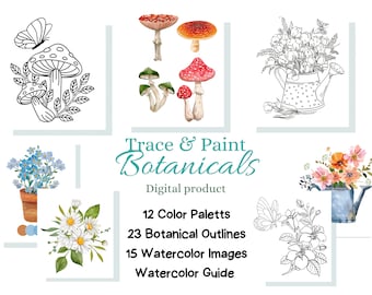 Kit de acuarela para trazar y pintar con motivos botánicos: boceto de flores (descarga digital)