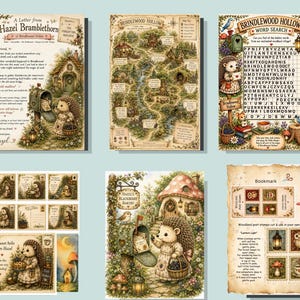 May include: A collection of six printed sheets featuring illustrations of hedgehogs in a woodland setting. The pages include a letter from Hazel Bramblethorn, a map of Brindlewood Hollow, a word search, postcards, a bakery scene, and stamps.