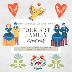 Clip art di famiglia - Modello di ricamo di arte popolare - Clipart di animali - Clip art di design di arte popolare, Modello di ricamo di arte popolare, Scandinavo, cuore