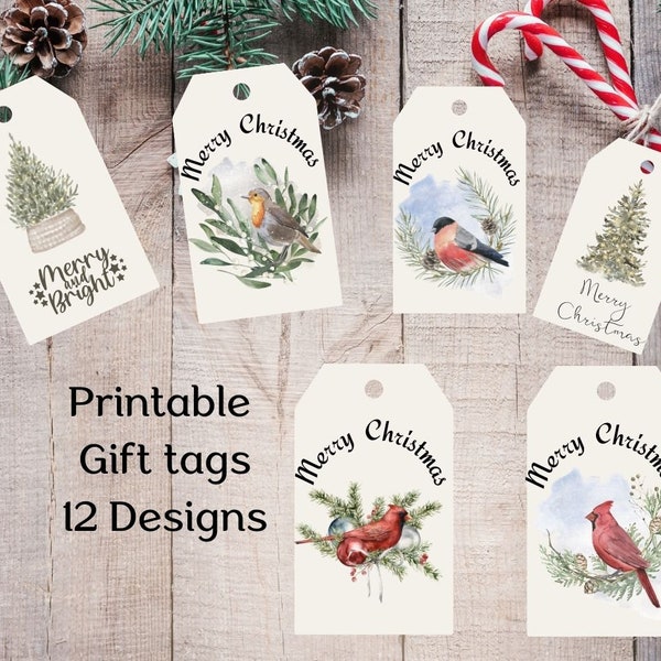 Christmas Favor Tags Gift Tags Merry Christmas Tags Holiday Labels Printable Bird Tags Christmas Tree Watercolor Image printable, bookmark