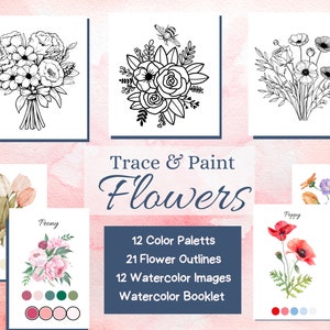 Flower Watercolor Trace and Paint Guide, Floral Sketch, Coloring Pages (PDF Download)