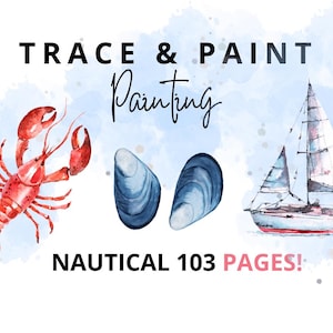 Könnte beinhalten: Trace & Paint Painting: Nautical 103 Pages! Aquarell-Illustration eines roten Hummers, zweier blauer Muscheln und eines Segelboots auf hellblauem Hintergrund.