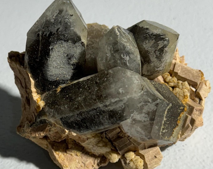 Smokey Quartz on Feldspar with Second Generation Growth and Green Chlorite Inclusions Specimen Cluster