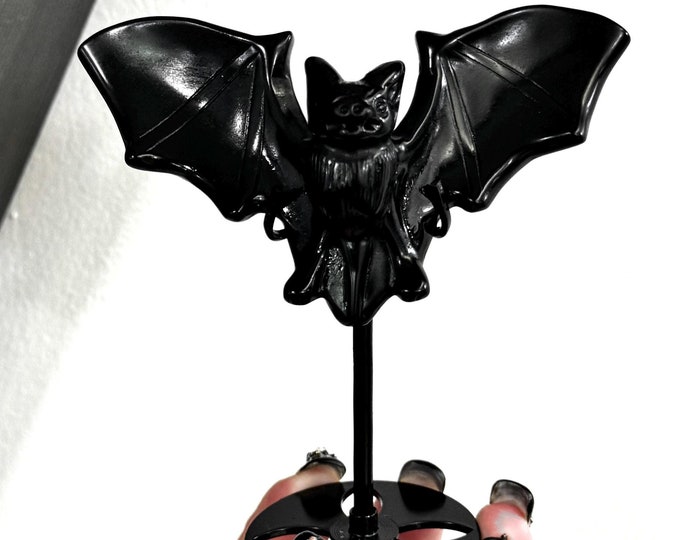 Black Obsidian Bat Carving on Stand