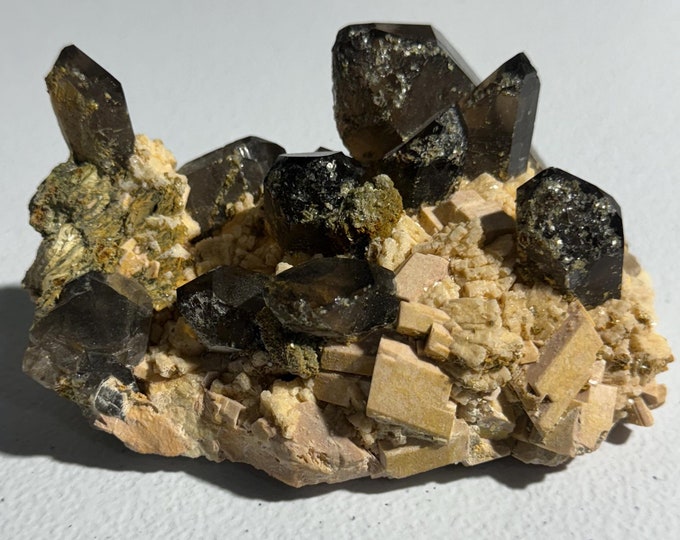 Smokey Quartz on Feldspar with Green Mica Specimen Cluster